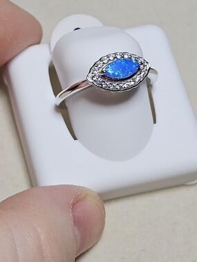 Blue Opal Halo Sterling Silver Ring